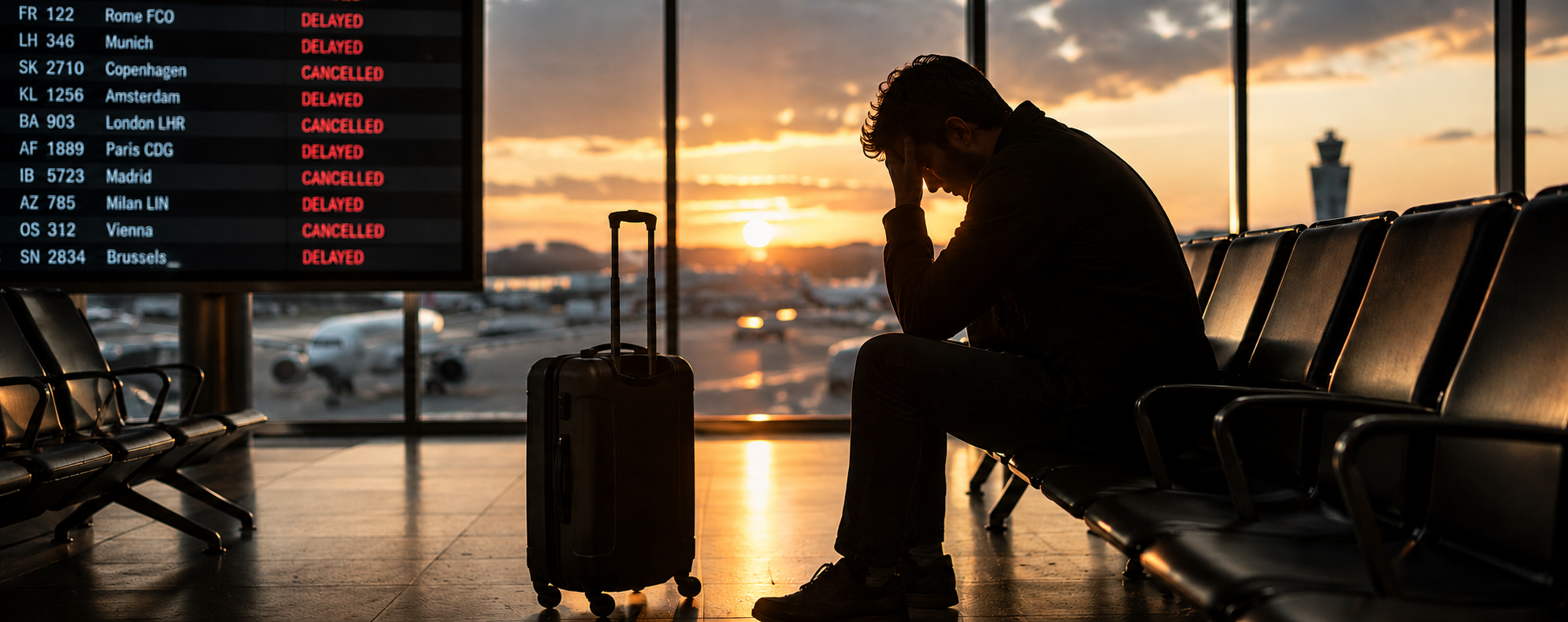 Passenger at airport dealing with a flight delay
